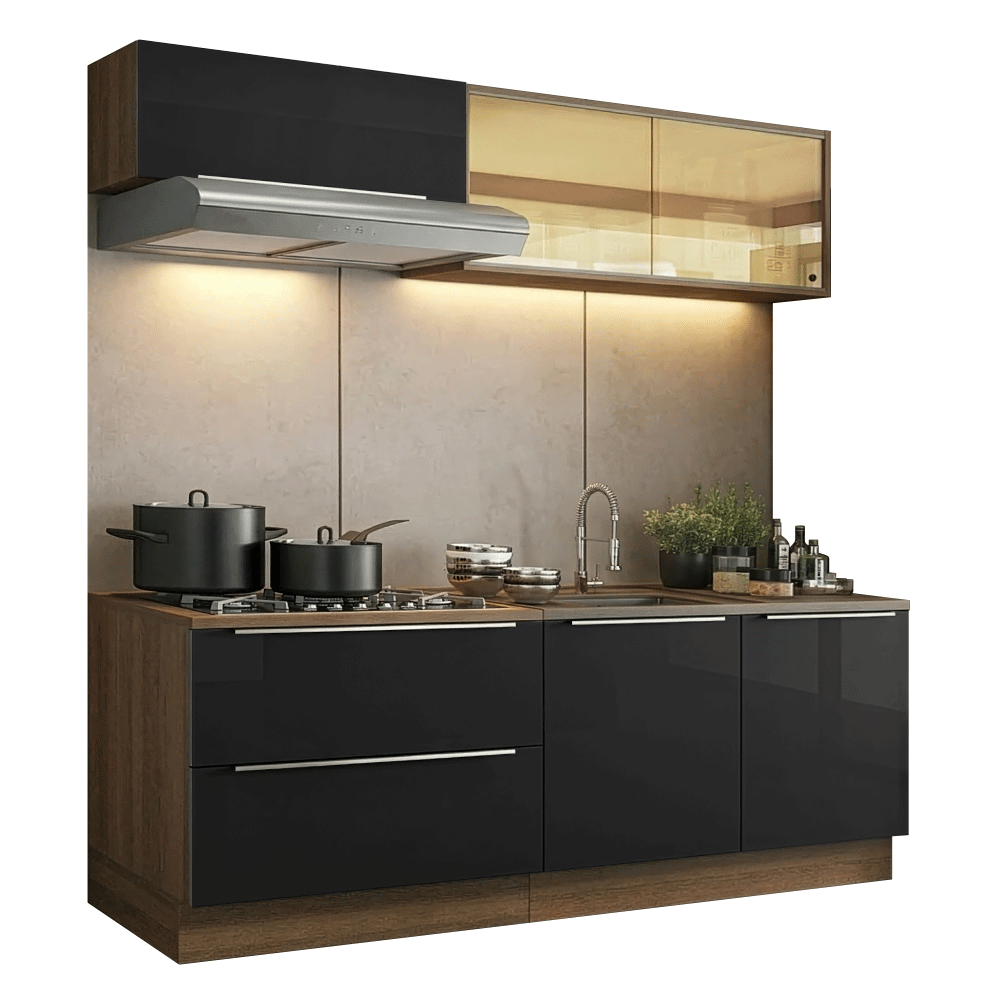 Armário de Cozinha Compacta 200 cm Rustic/Preto Lux Madesa 07