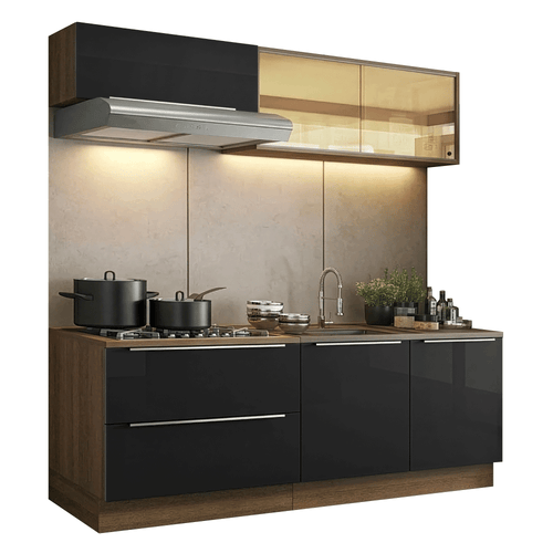 Armário de Cozinha Compacta 200 cm Rustic/Preto Lux Madesa 07