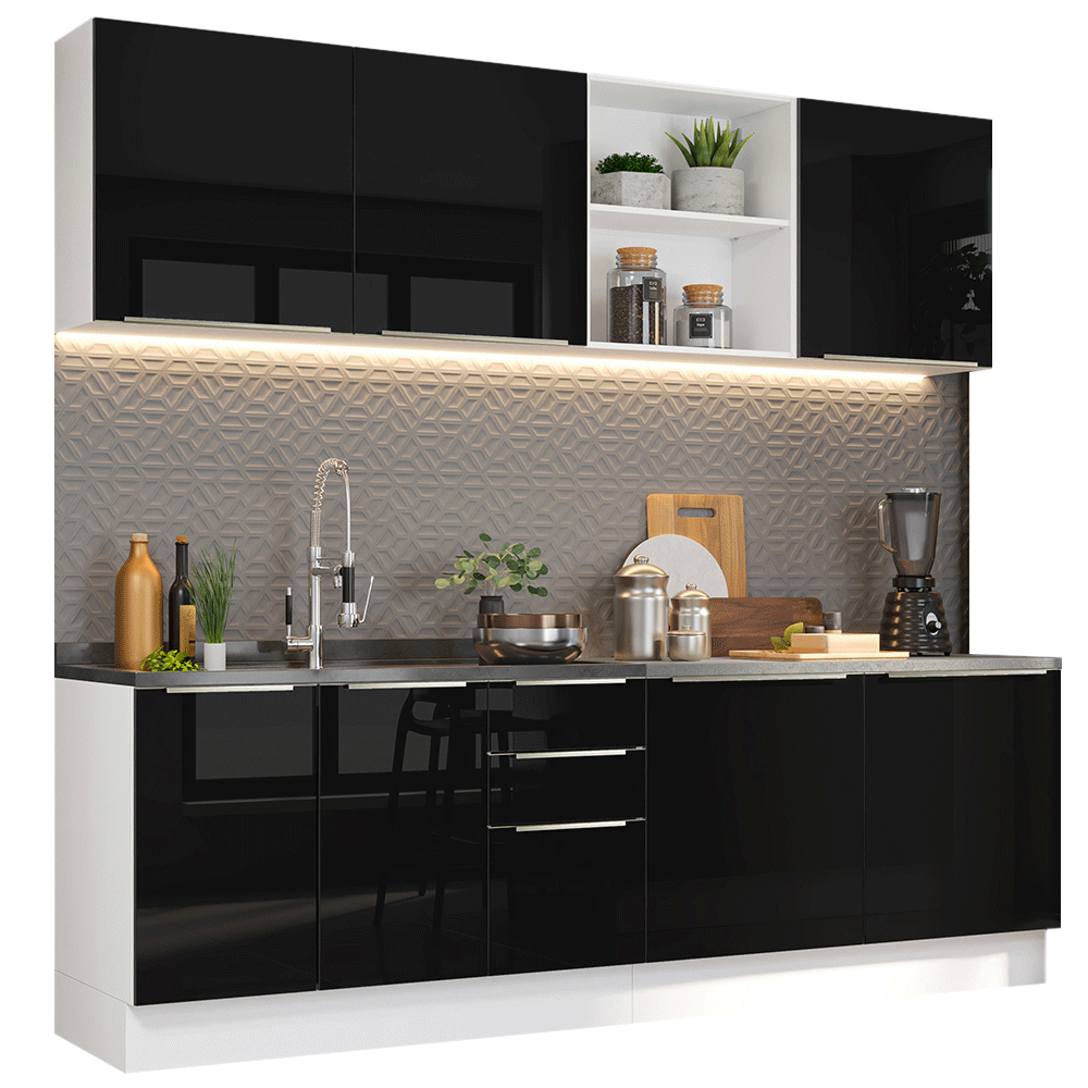 Armário de Cozinha Completa 240 x 60 cm Branco/Preto Lux Madesa 05