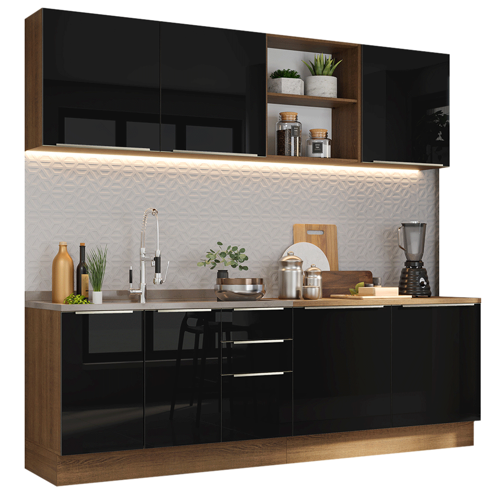 Armário de Cozinha Completa 240 x 60 cm Rustic/Preto Lux Madesa 05