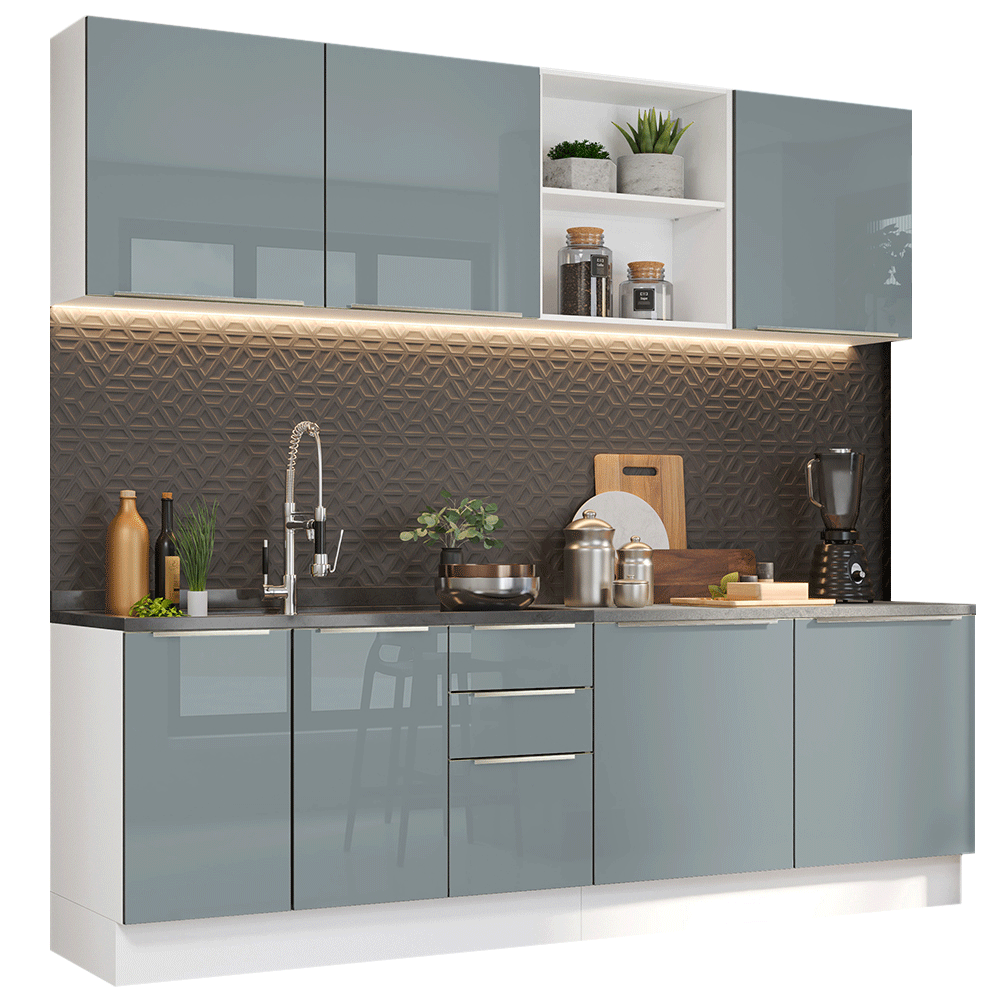 Armário de Cozinha Completa 240 x 60 cm Branco/Cinza Lux Madesa 05