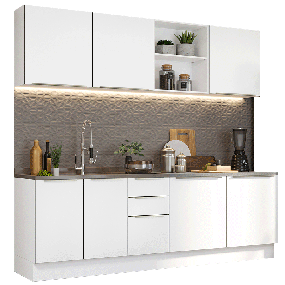 Armário de Cozinha Completa 240 x 60 cm Branco Veludo Lux Madesa 05