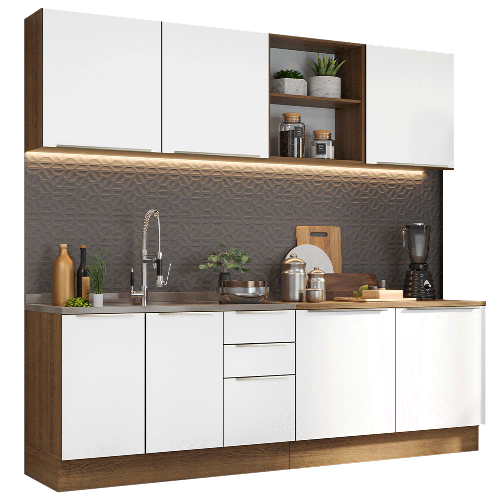 Armário de Cozinha Completa 240 x 60 cm Rustic/Branco Veludo Lux Madesa 05