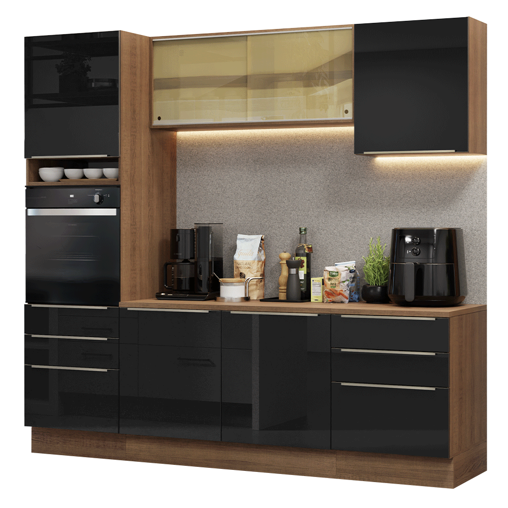 Armário de Cozinha Completa 240 x 60 cm Rustic/Preto Lux Madesa 08