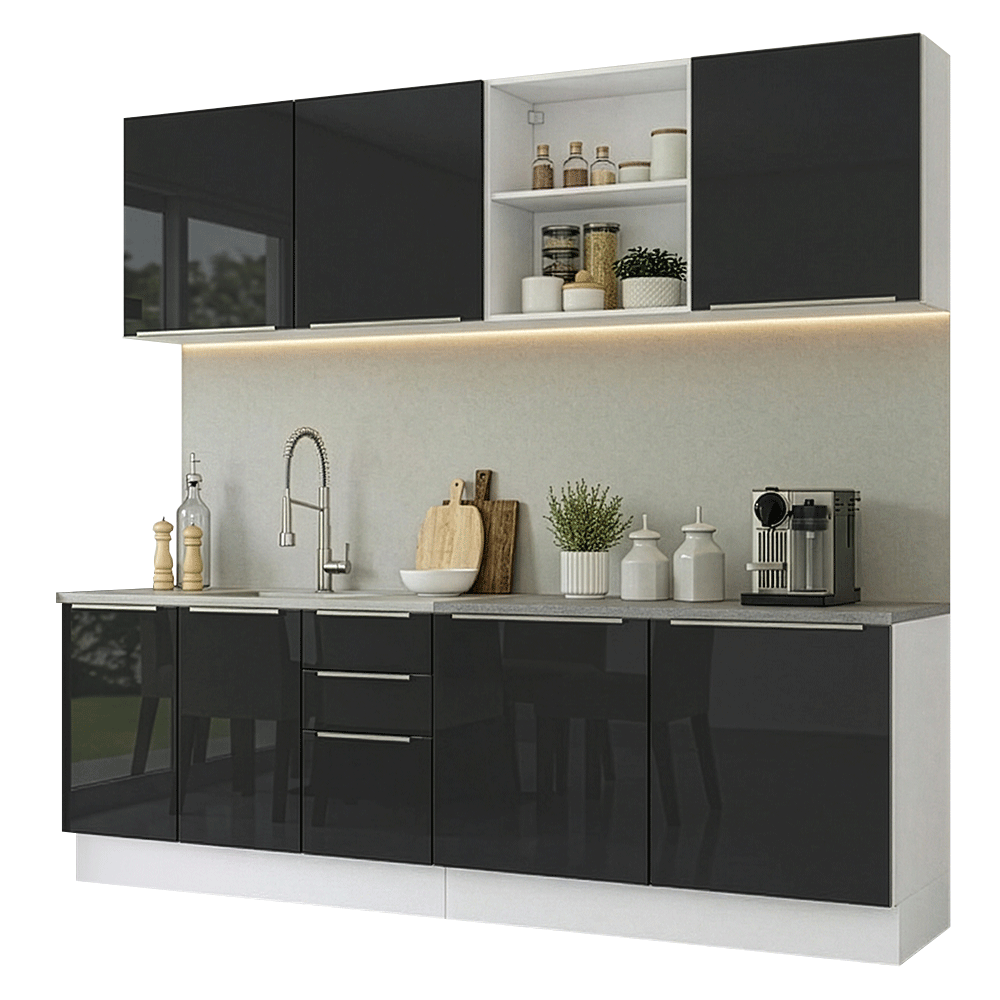 Armário de Cozinha Completa 240 cm Branco/Preto Lux Madesa 09