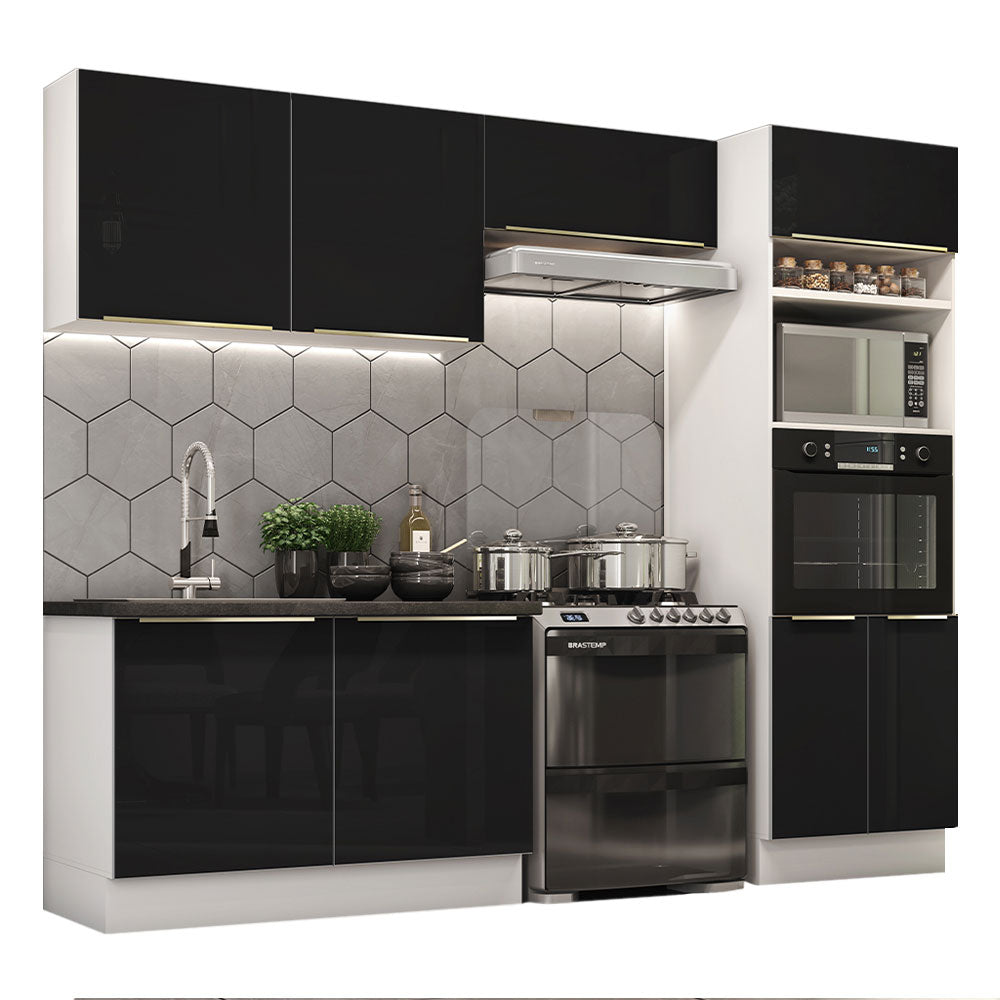 Armário de Cozinha Completa 270 x 60 cm Branco Preto Lux Madesa 01