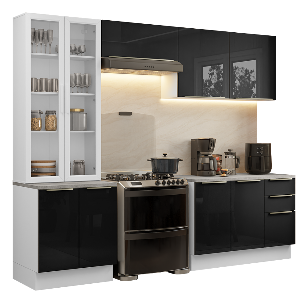 Armário de Cozinha Completa 270 x 60 cm Branco/Preto Lux Madesa 04