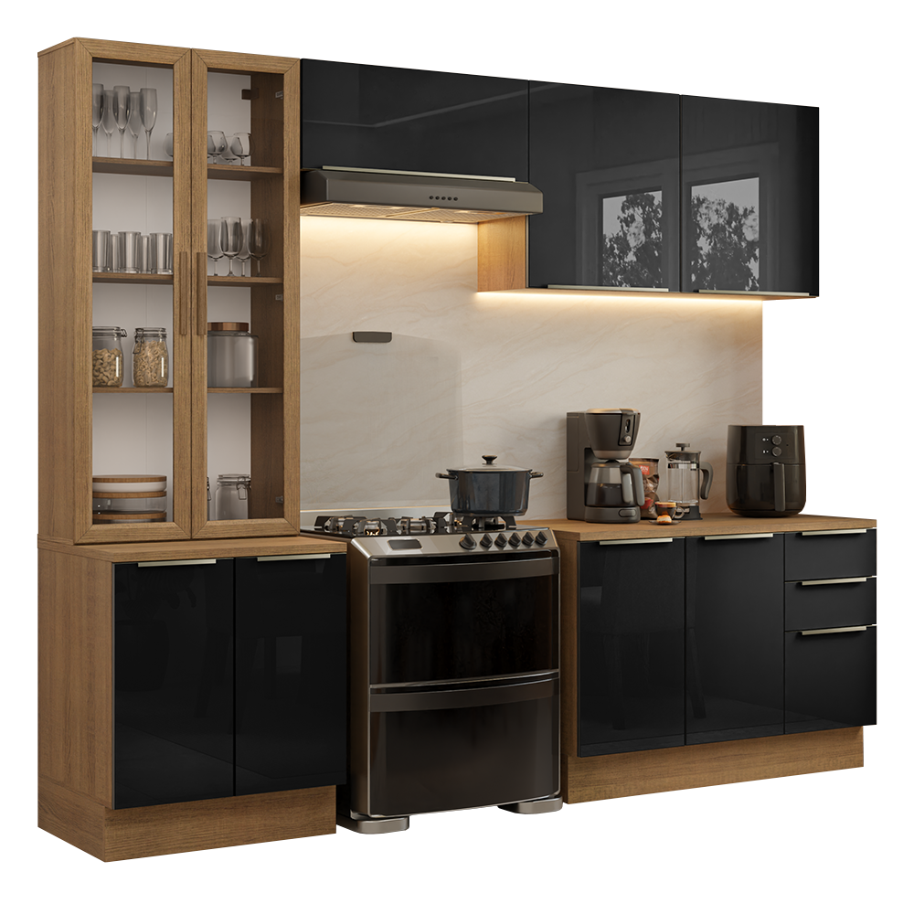 Armário de Cozinha Completa 270 x 60 cm Rustic/Preto Lux Madesa 04