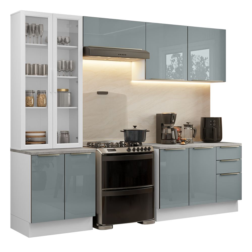 Armário de Cozinha Completa 270 x 60 cm Branco/Cinza Lux Madesa 04