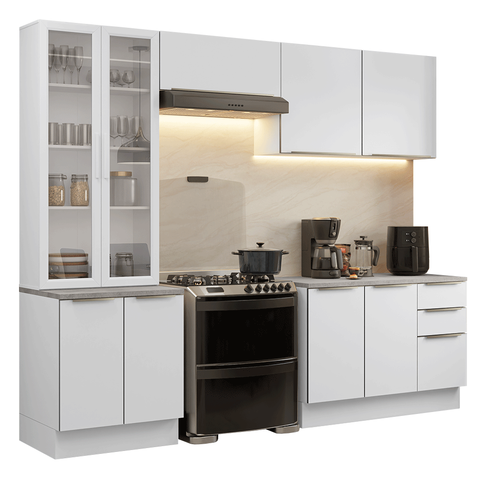 Armário de Cozinha Completa 270 x 60 cm Branco/Branco Veludo Lux Madesa 04