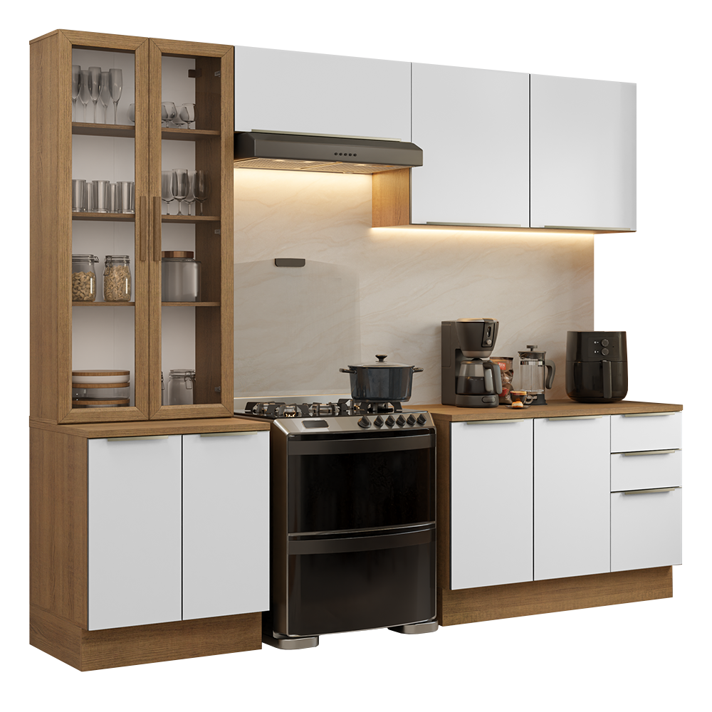 Armário de Cozinha Completa 270 x 60 cm Rustic/Branco Veludo Lux Madesa 04