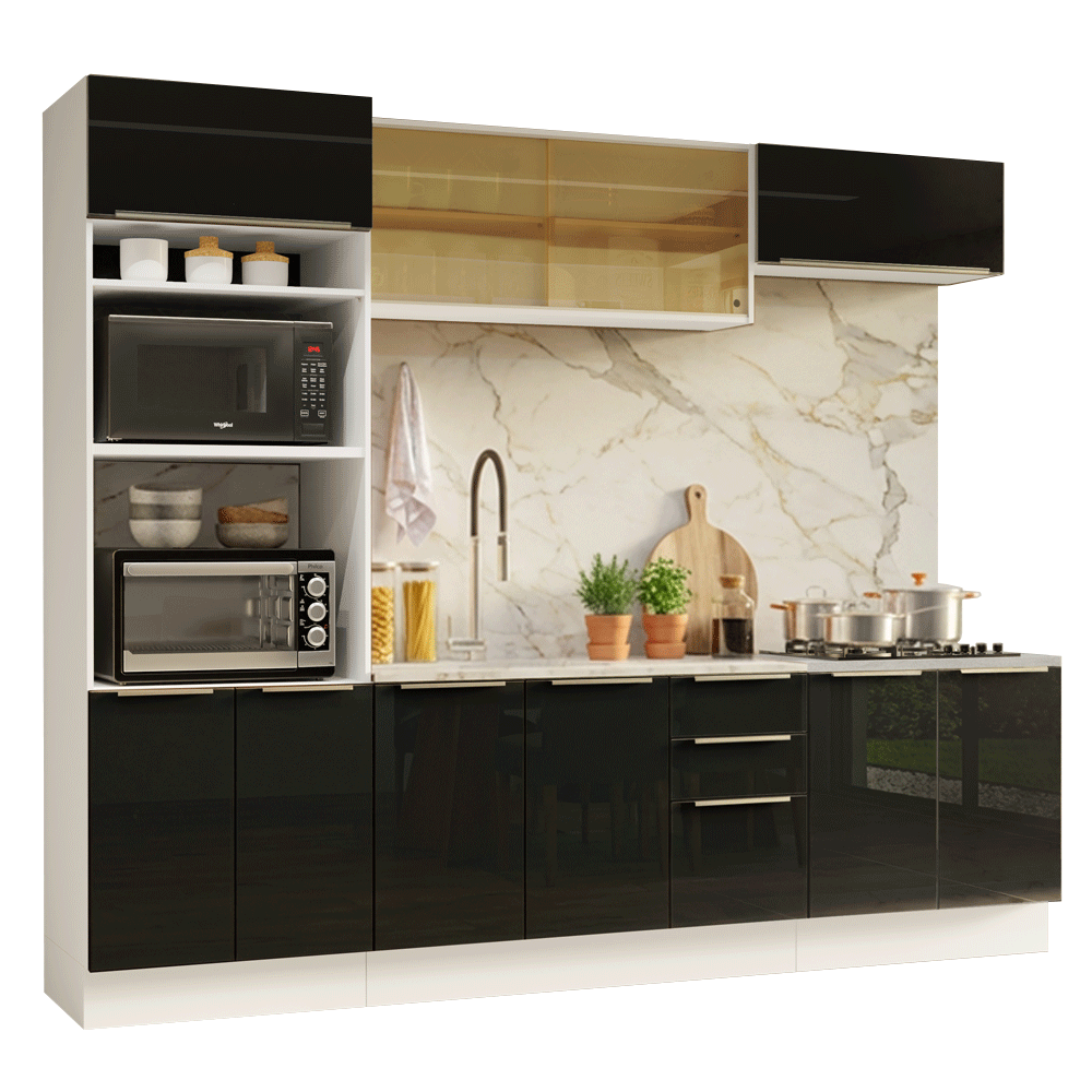 Armário de Cozinha Completa 270 cm Branco/Preto Lux Madesa 05