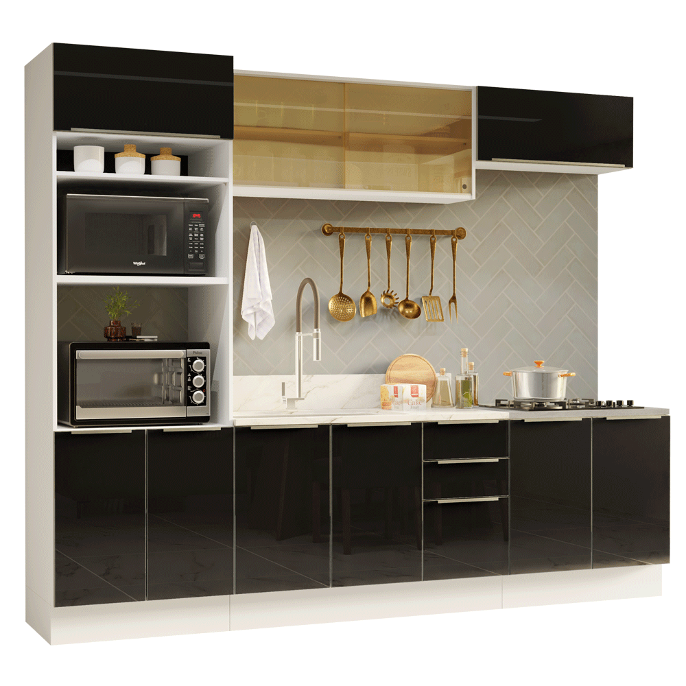 Armário de Cozinha Completa 270 x 60 cm Branco/Preto Lux Madesa 06