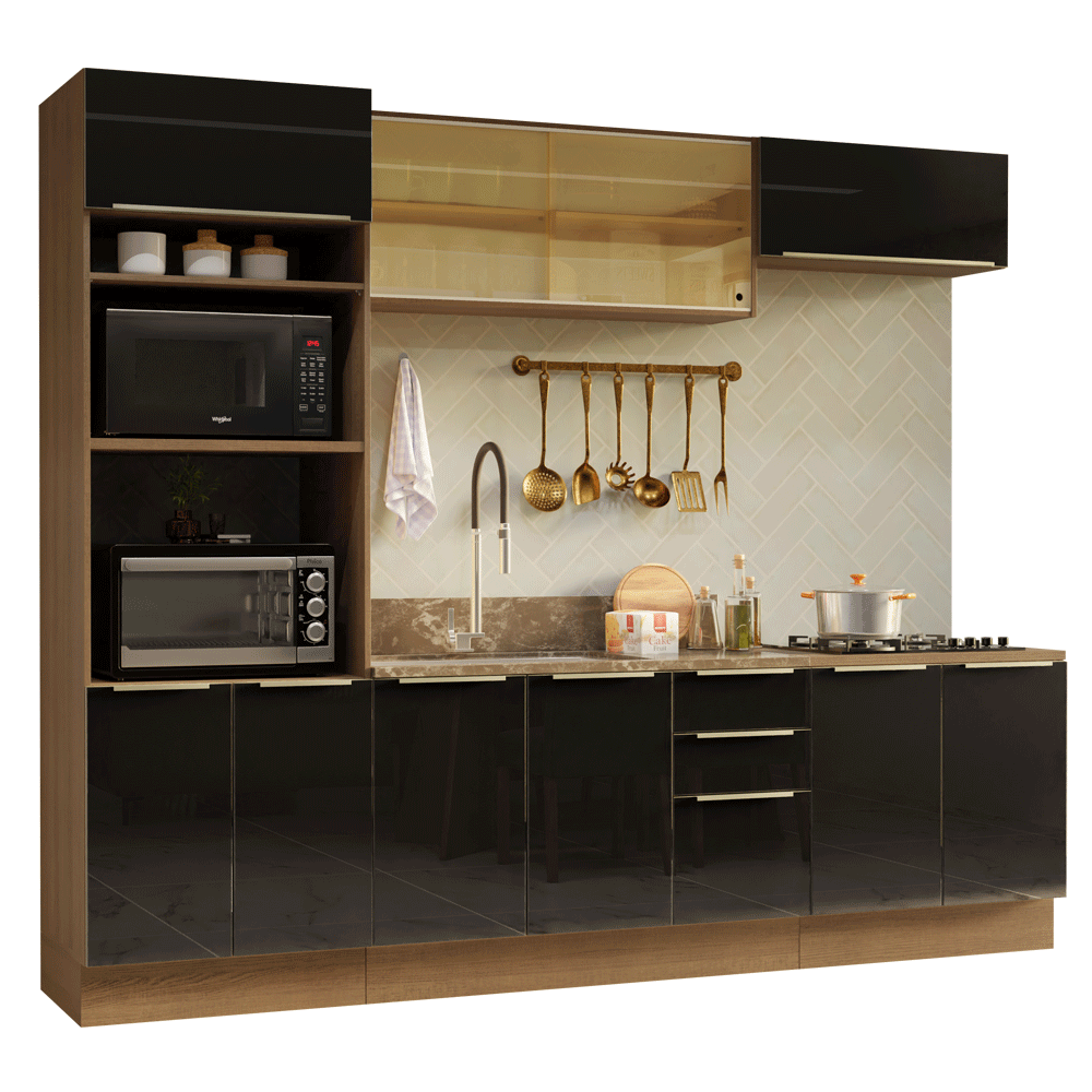 Armário de Cozinha Completa 270 cm Rustic/Preto Lux Madesa 06