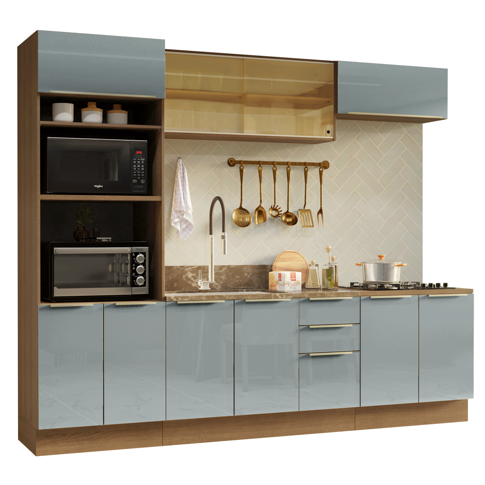 Armário de Cozinha Completa 270 x 60 cm Rustic/Cinza Lux Madesa 06
