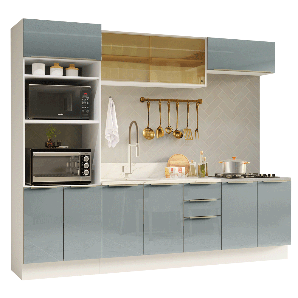 Armário de Cozinha Completa 270 x 60 cm Branco/Cinza Lux Madesa 06