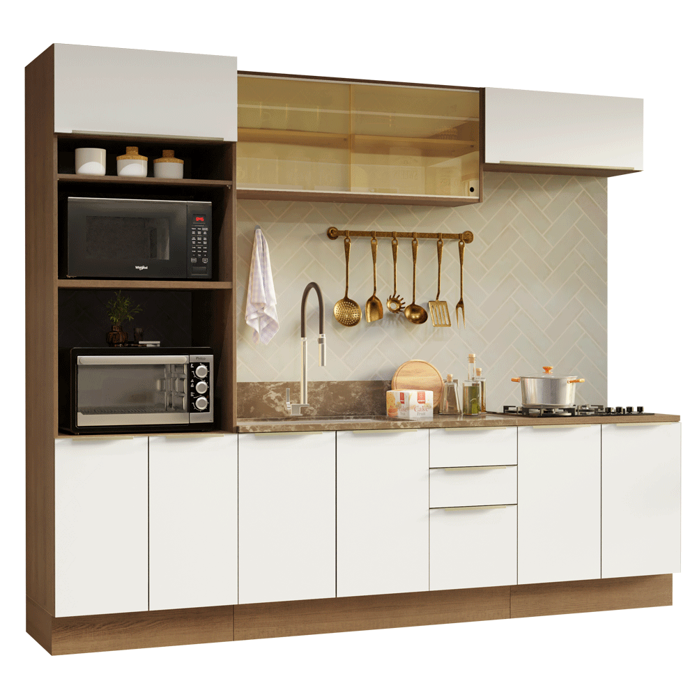 Armário de Cozinha Completa 270 x 60 cm Rustic/Branco Veludo Lux Madesa 06