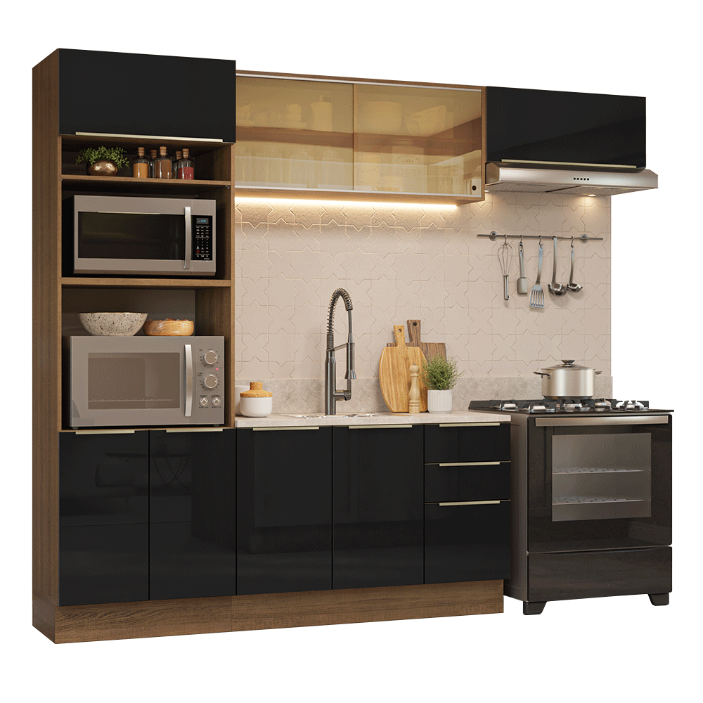 Armário de Cozinha Completa 270 cm Rustic/Preto Lux Madesa 07