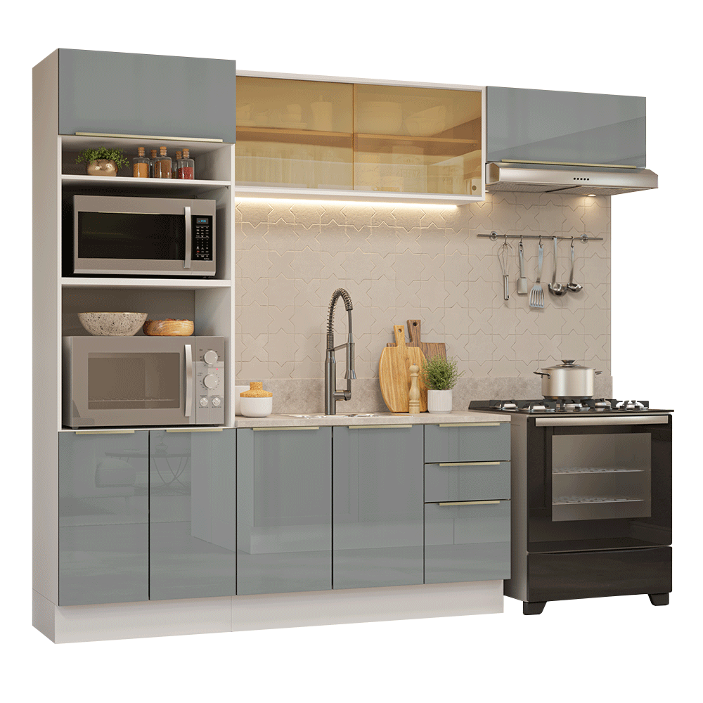 Armário de Cozinha Completa 270 cm Branco/Cinza Lux Madesa 07