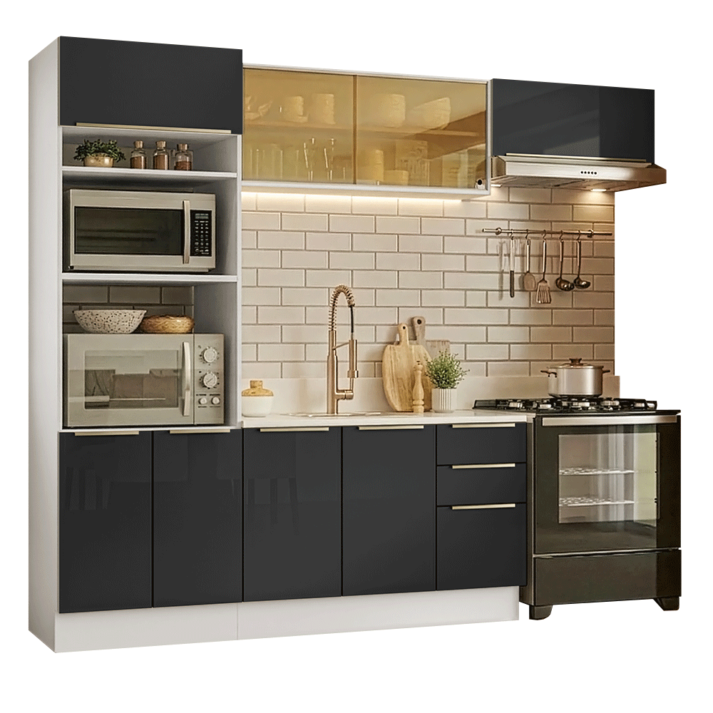 Armário de Cozinha Completa 270 x 60 cm Branco/Preto Lux Madesa 08