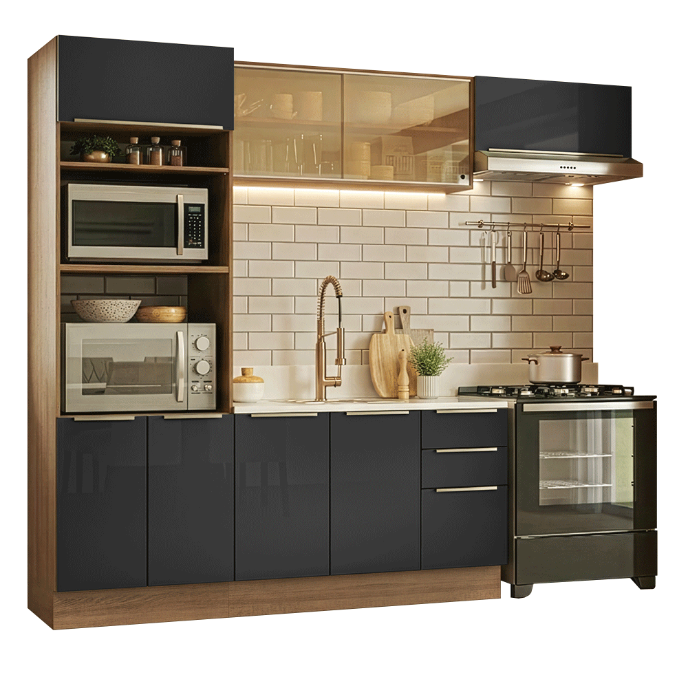 Armário de Cozinha Completa 270 x 60 cm Rustic/Preto Lux Madesa 08