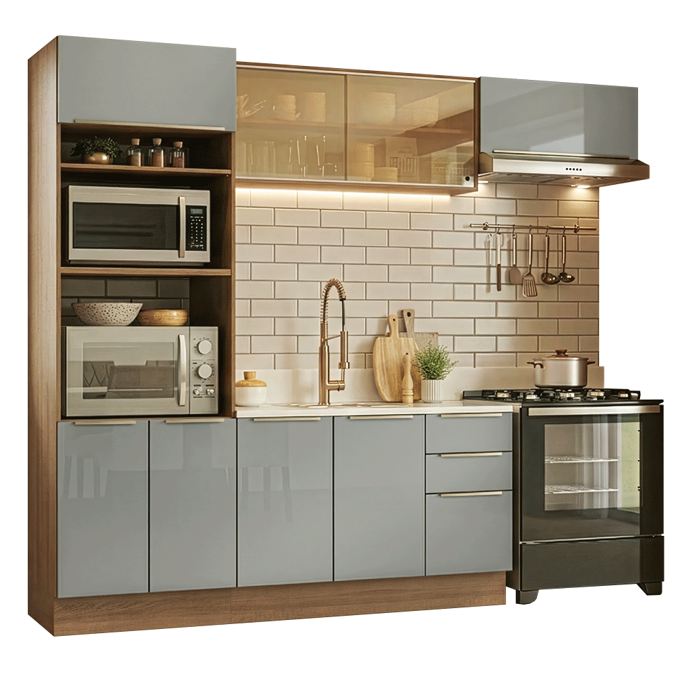 Armário de Cozinha Completa 270 x 60 cm Rustic/Cinza Lux Madesa 08