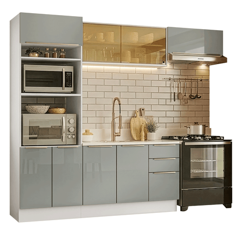 Armário de Cozinha Completa 270 x 60 cm Branco/Cinza Lux Madesa 08