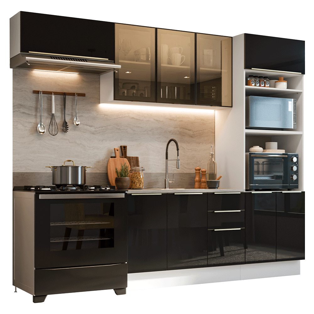 Armário de Cozinha Completa 270 cm Branco/Preto Lux Madesa 08