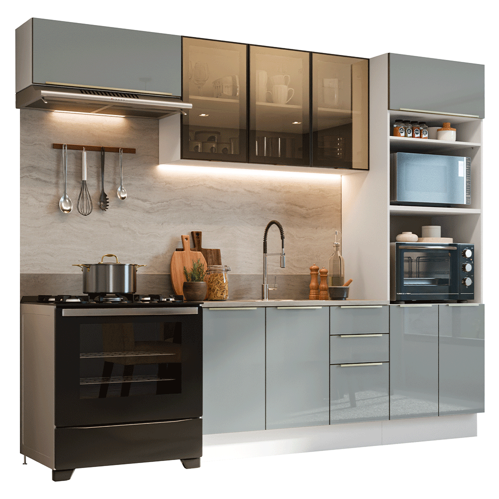 Armário de Cozinha Completa 270 cm Branco/Cinza Lux Madesa 08