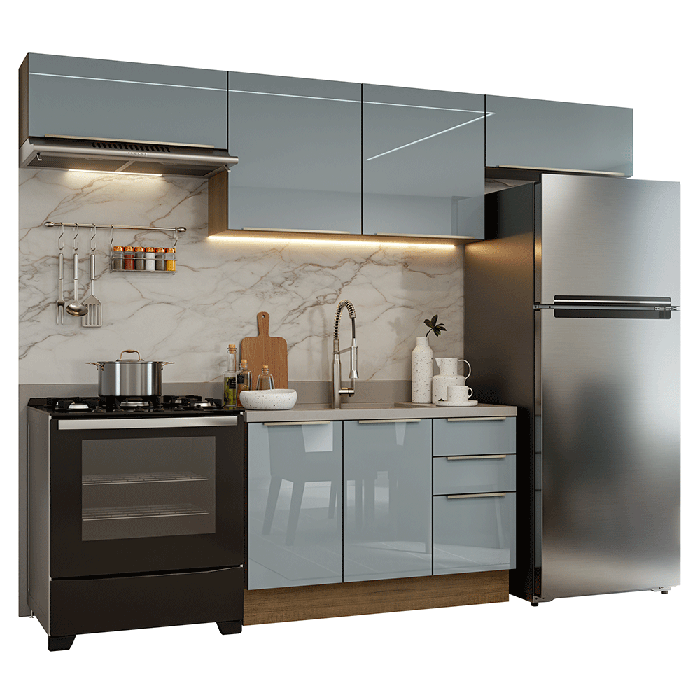 Armário de Cozinha Completa 280 cm Rustic/Cinza Lux Madesa 01
