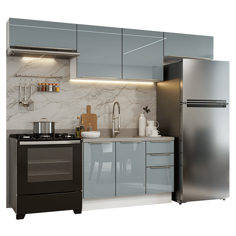 Armário de Cozinha Completa 280 cm Branco/Cinza Lux Madesa 01