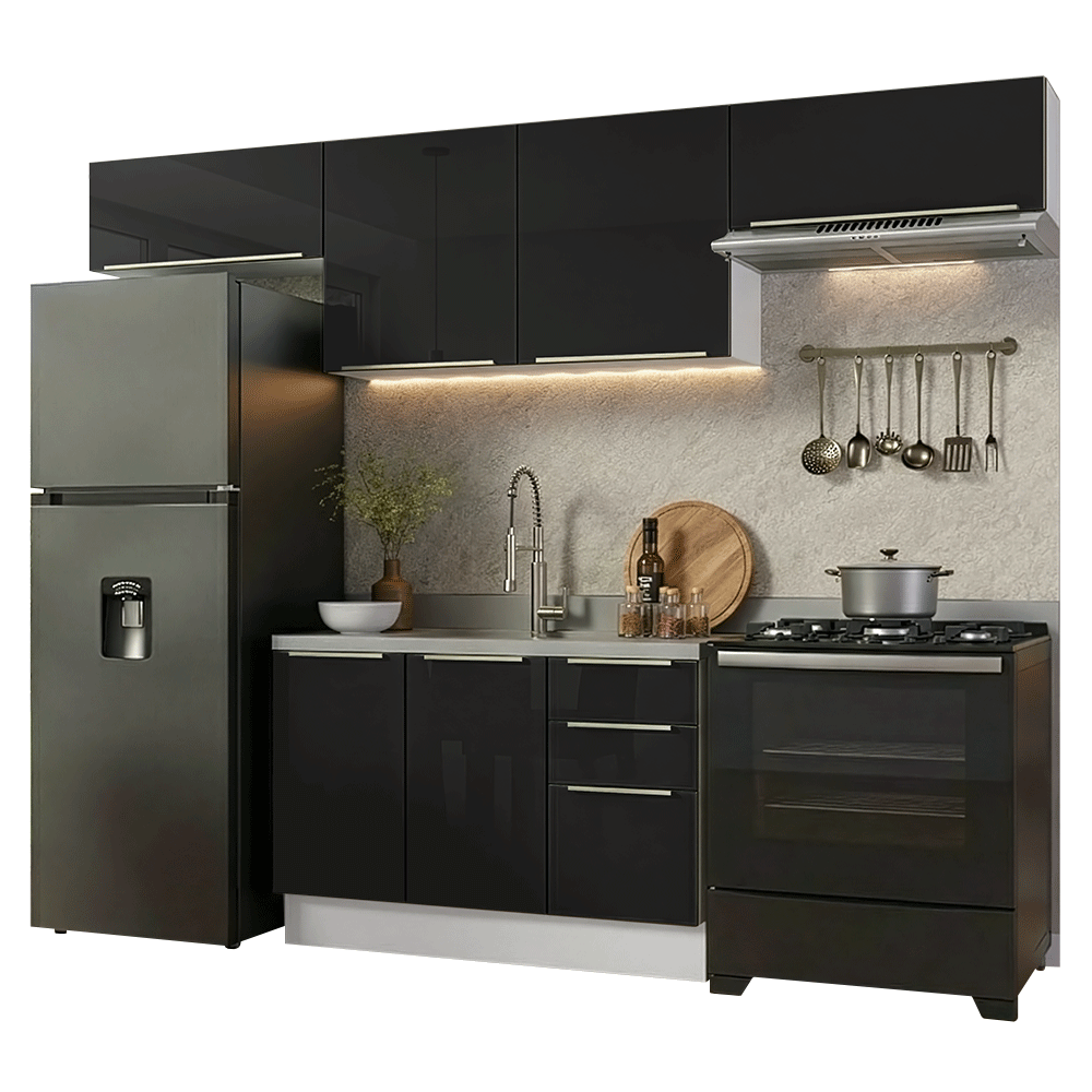 Armário de Cozinha Completa 280 x 60 cm Branco/Preto Lux Madesa 02