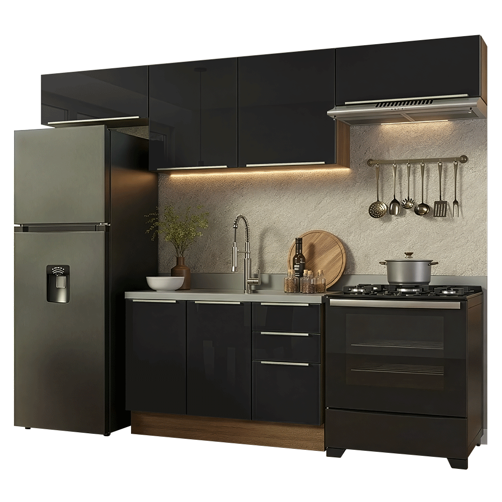 Armário de Cozinha Completa 280 x 60 cm Rustic/Preto Lux Madesa 02