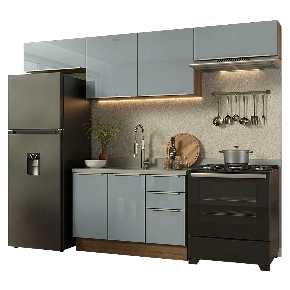 Armário de Cozinha Completa 280 x 60 cm Rustic/Cinza Lux Madesa 02