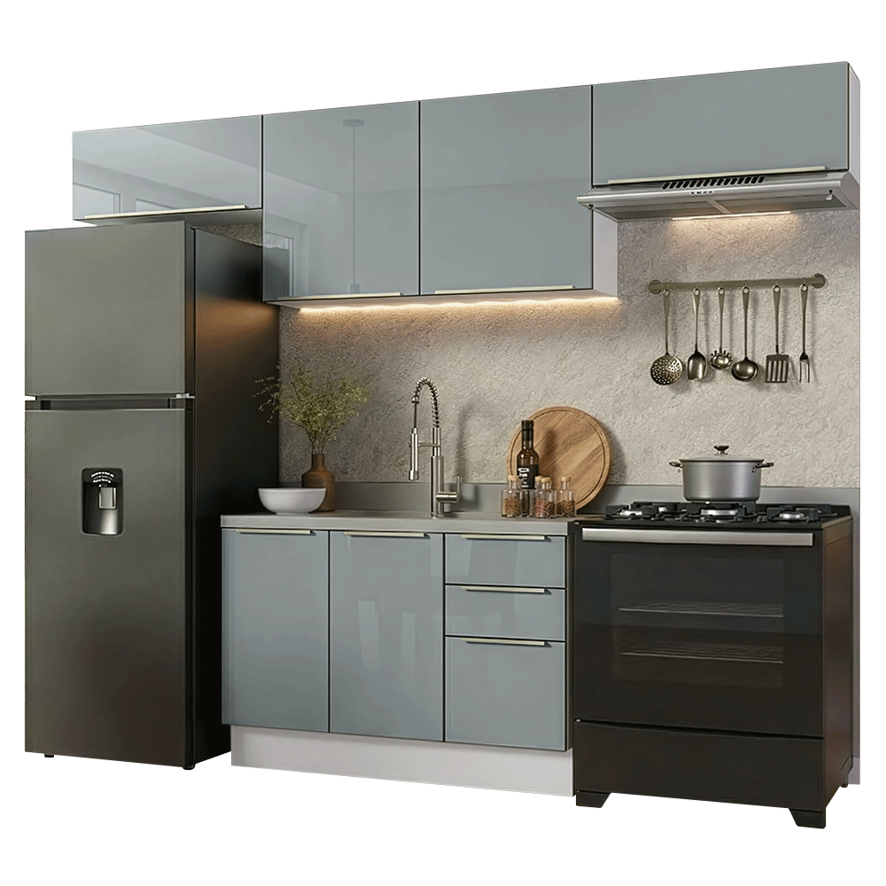 Armário de Cozinha Completa 280 x 60 cm Branco/Cinza Lux Madesa 02