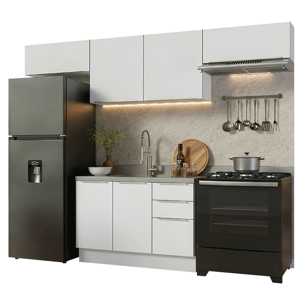 Armário de Cozinha Completa 280 x 60 cm Branco/Branco Veludo Lux Madesa 02