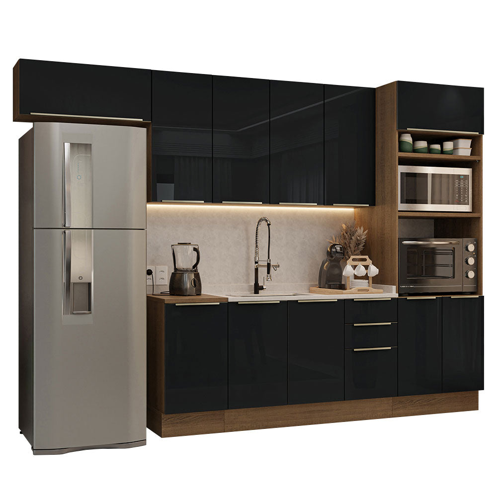 Armário de Cozinha Completa 310cm Rustic/Preto Lux Madesa 01