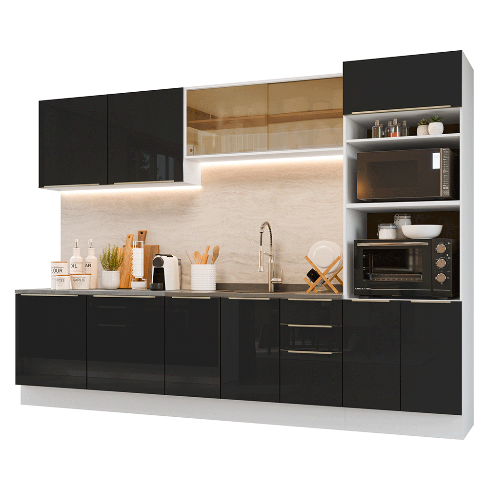 Armário de Cozinha Completa 310 cm Branco/Preto Lux Madesa 03