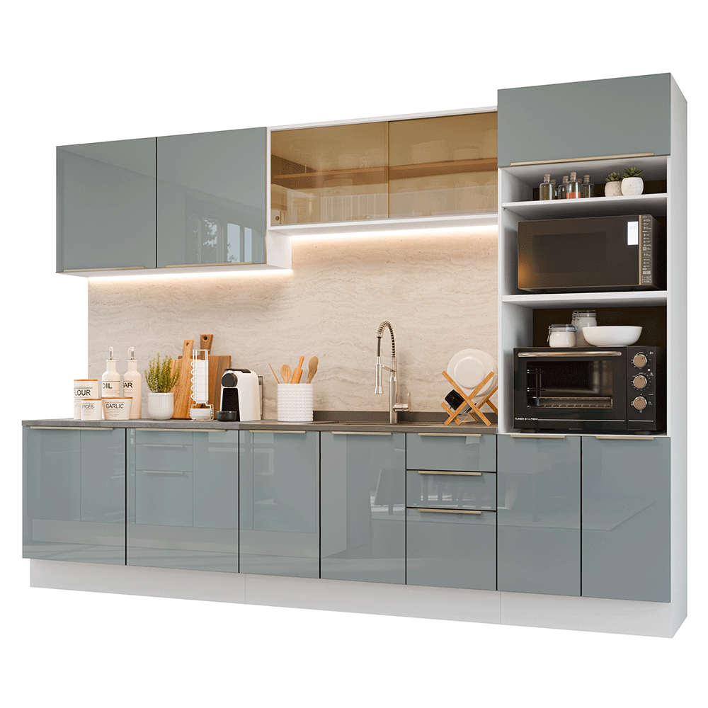 Armário de Cozinha Completa 310 cm Branco/Cinza Lux Madesa 03