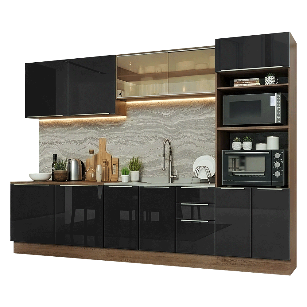 Armário de Cozinha Completa 310 x 60 cm Rustic/Preto Lux Madesa 04