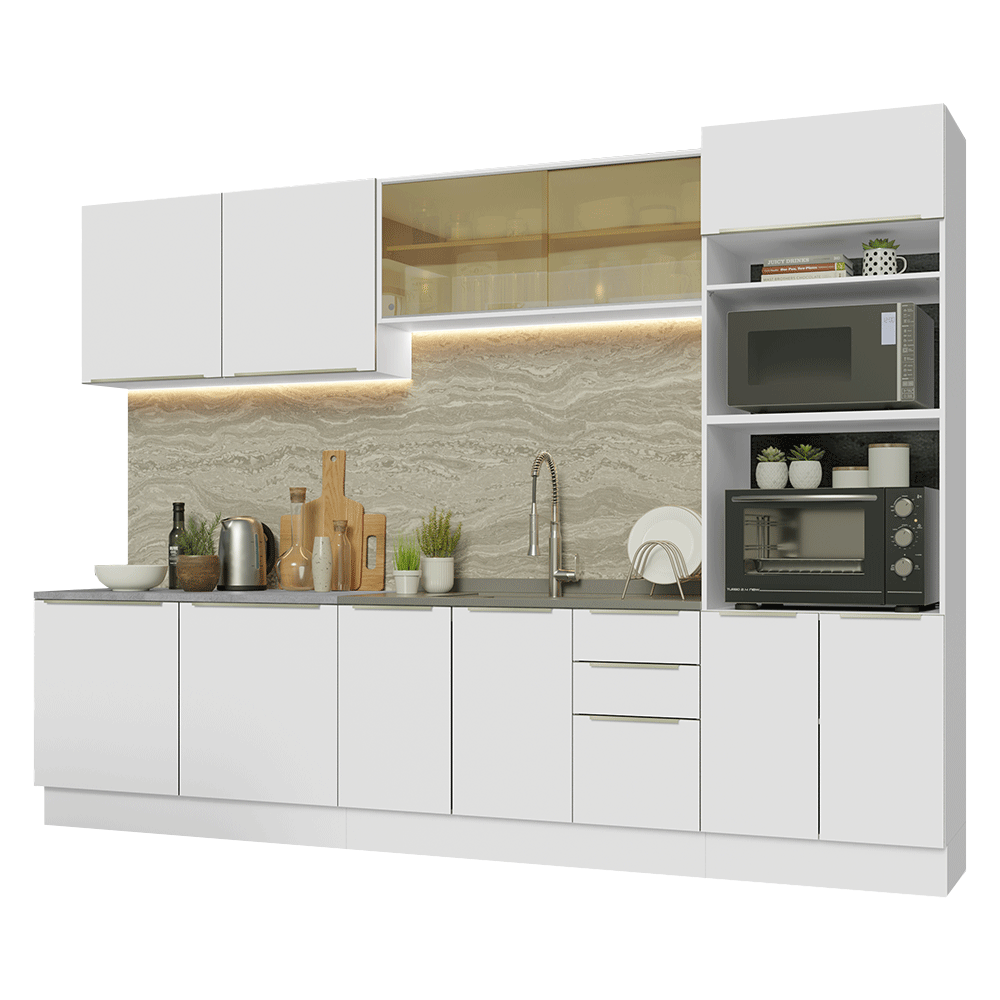 Armário de Cozinha Completa 310 x 60 cm Branco/Branco Veludo Lux Madesa 04