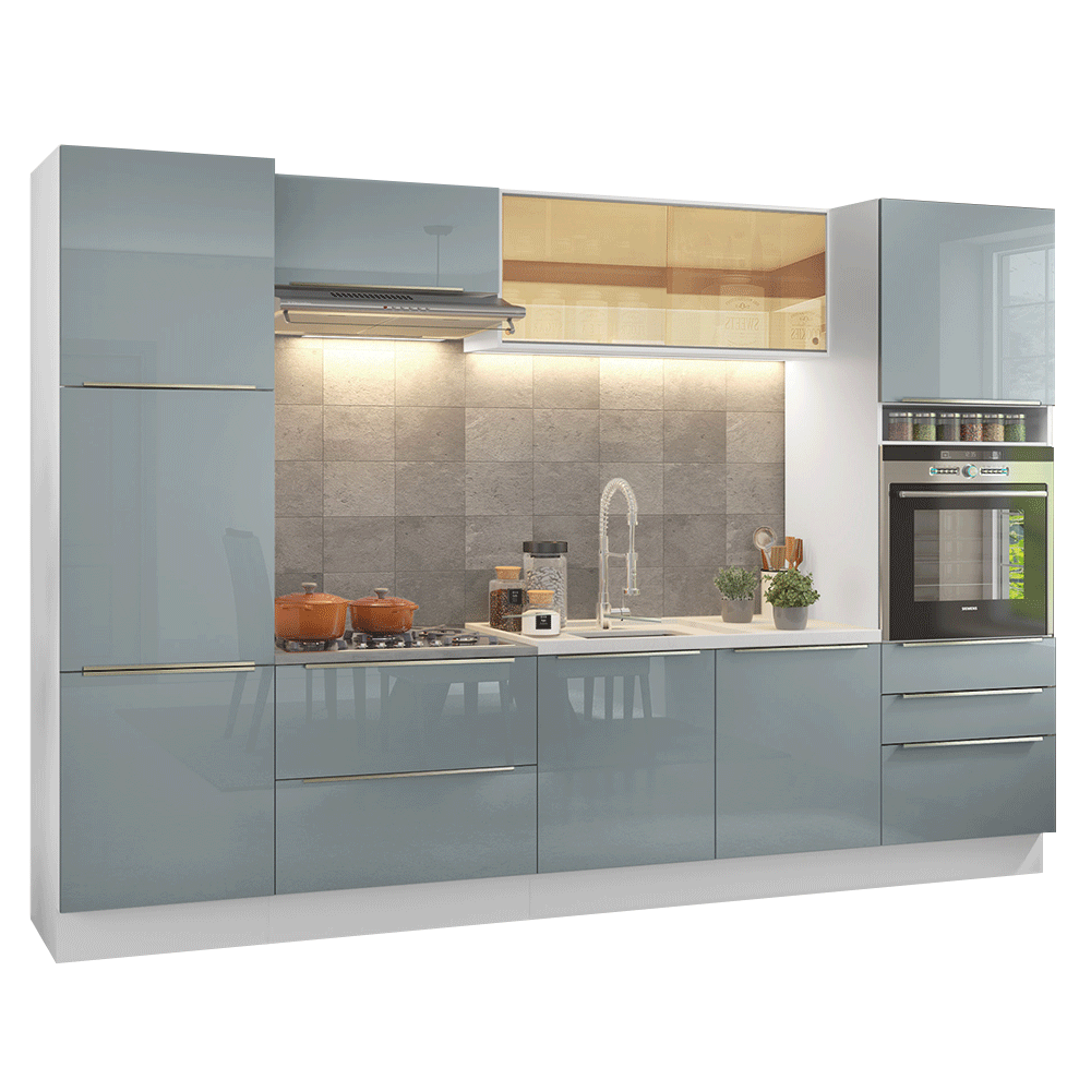 Armário de Cozinha Completa 320 x 60 cm Branco/Cinza Lux Madesa 01