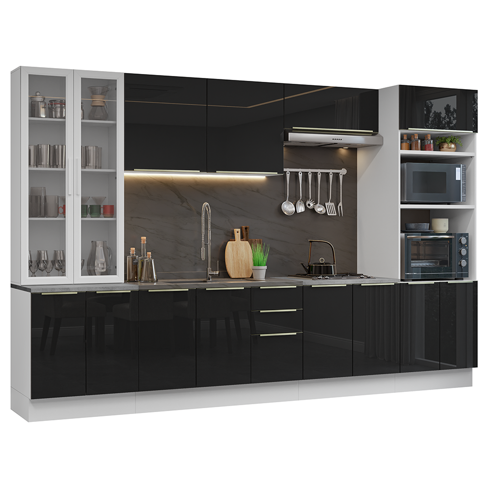 Armário de Cozinha Completa 340 x 60 cm Branco/Preto Lux Madesa 02