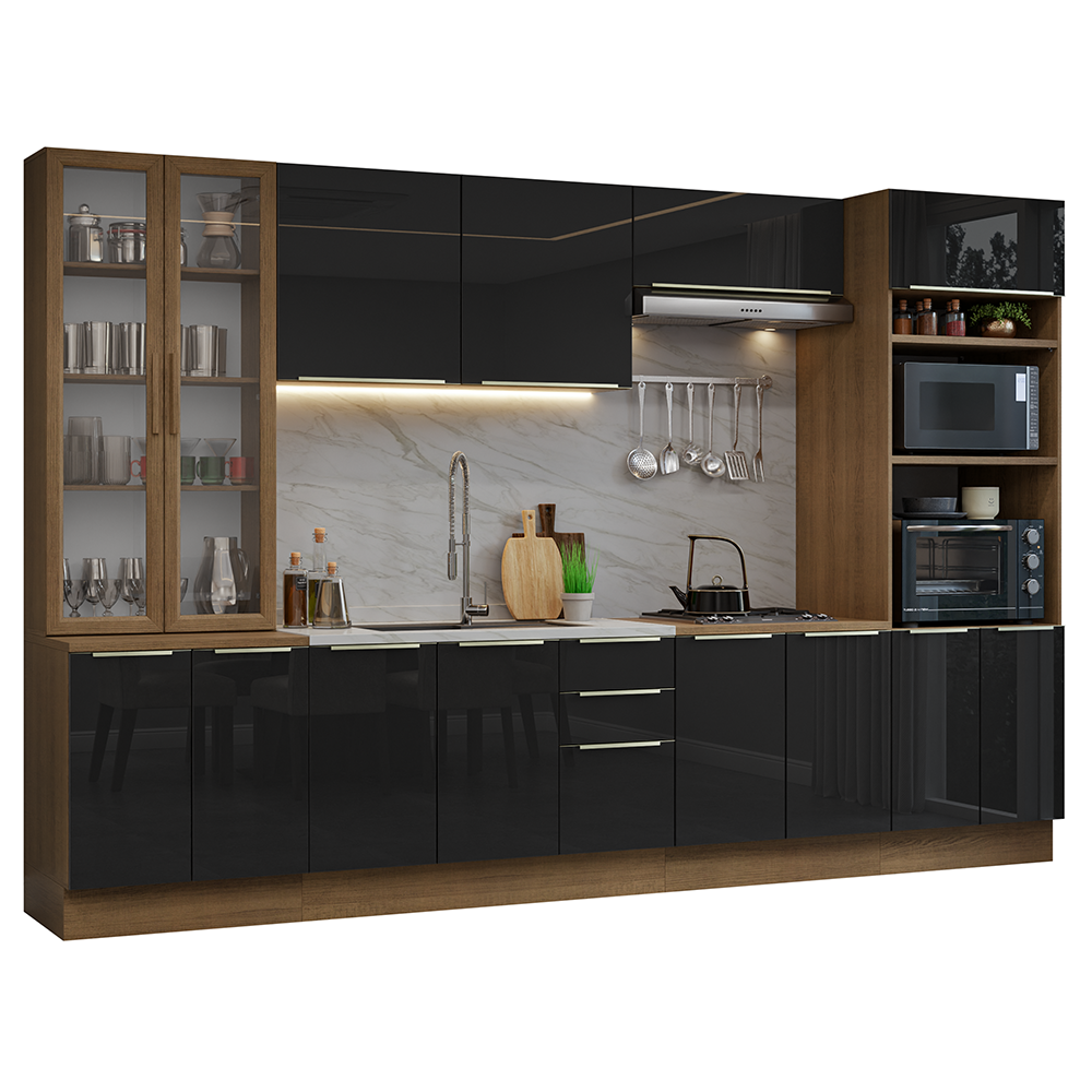 Armário de Cozinha Completa 340 x 60 cm Rustic/Preto Lux Madesa 02