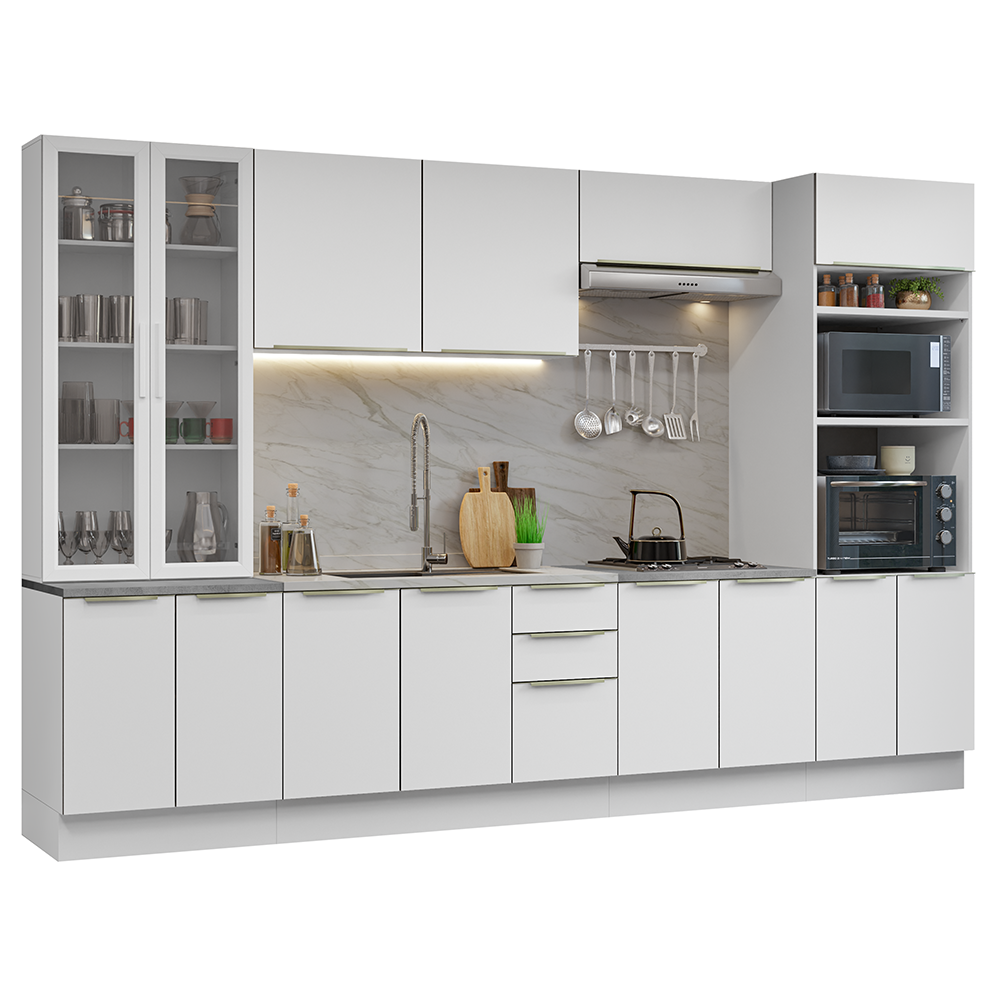 Armário de Cozinha Completa 340 x 60 cm Branco/Branco Veludo Lux Madesa 02
