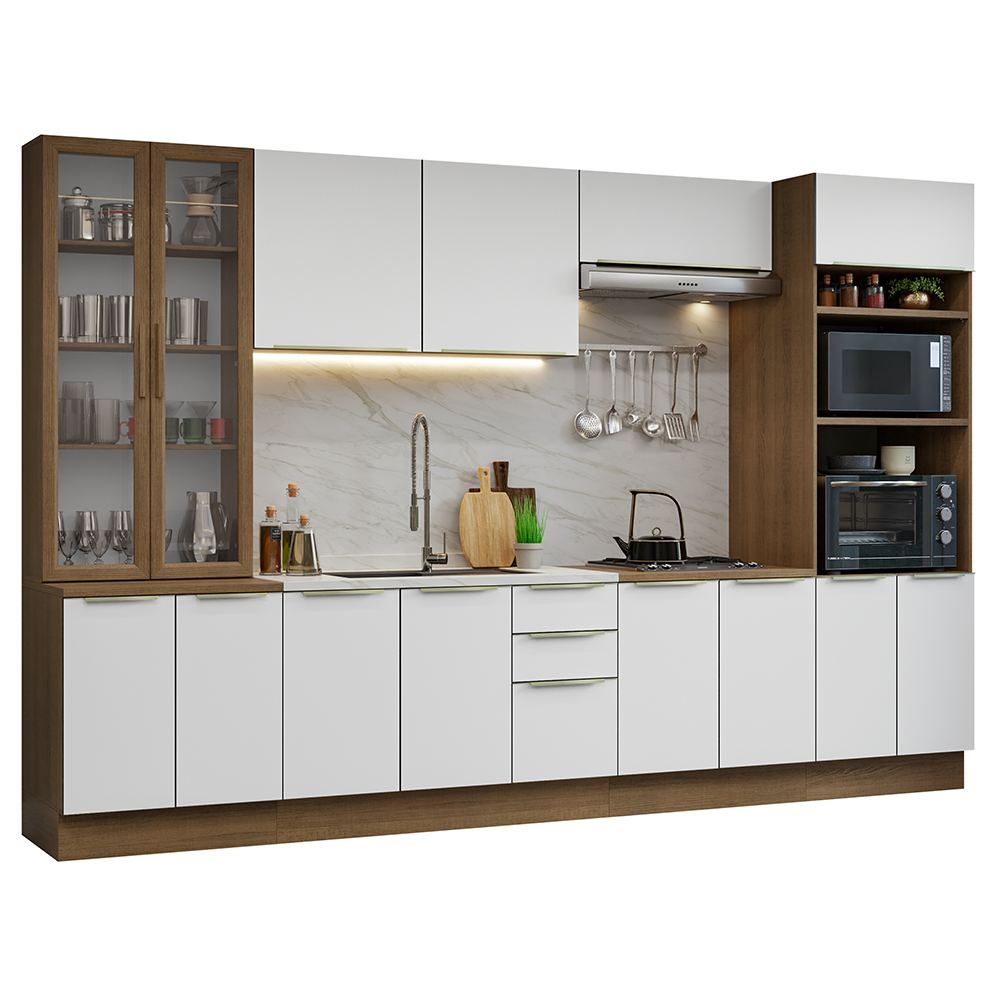 Armário de Cozinha Completa 340 x 60 cm Rustic/Branco Veludo Lux Madesa 02
