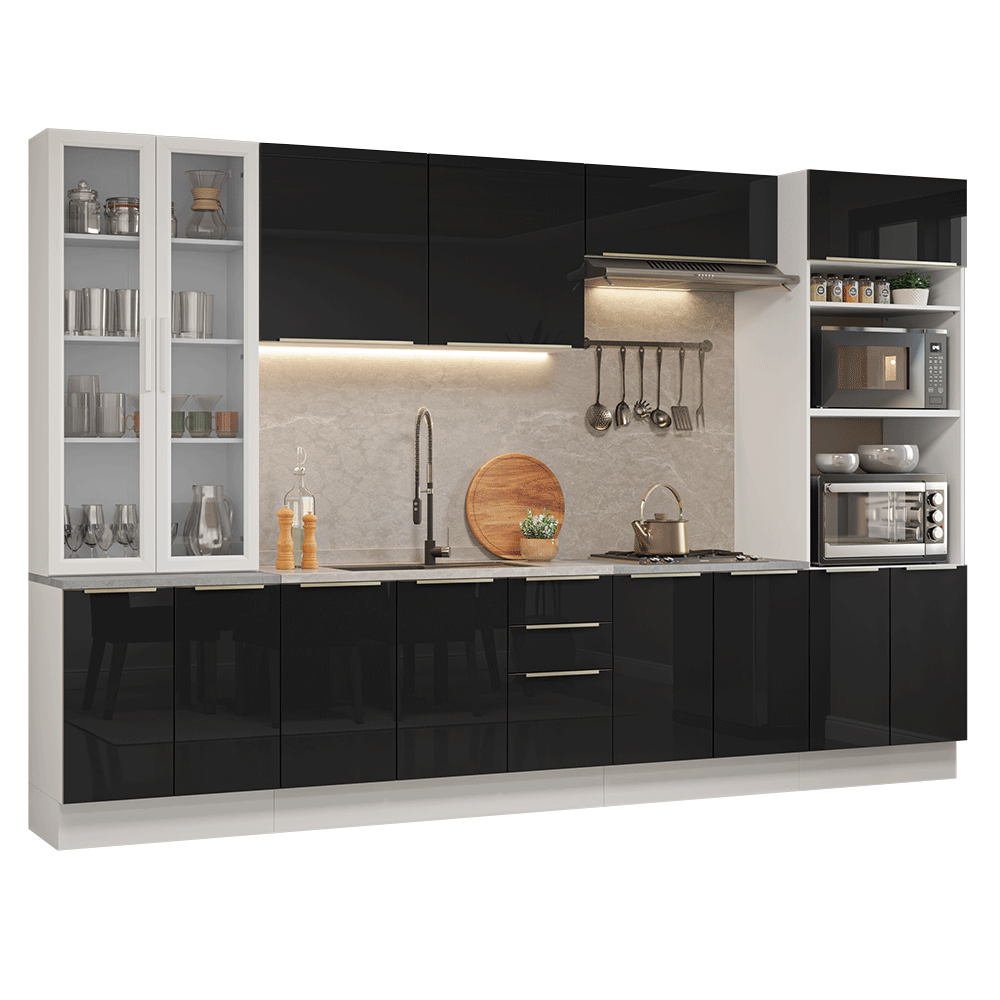 Armário de Cozinha Completa 340 cm Branco/Preto Lux Madesa 03