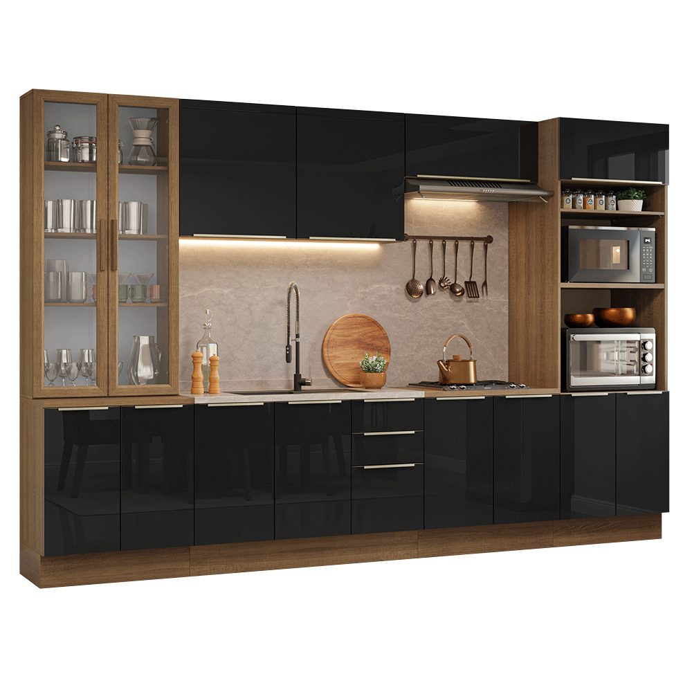 Armário de Cozinha Completa 340 cm Rustic/Preto Lux Madesa 03