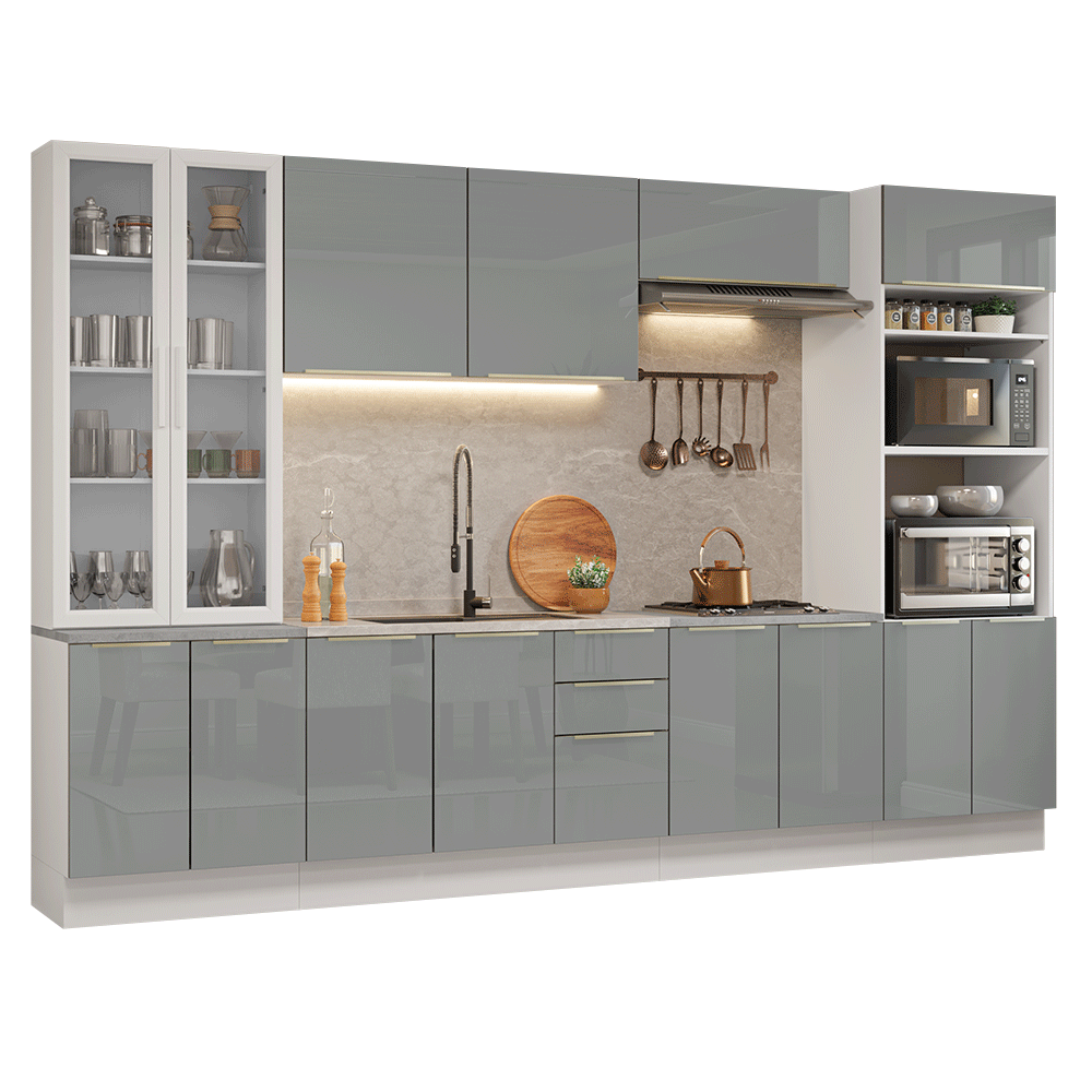 Armário de Cozinha Completa 340 cm Branco/Cinza Lux Madesa 03