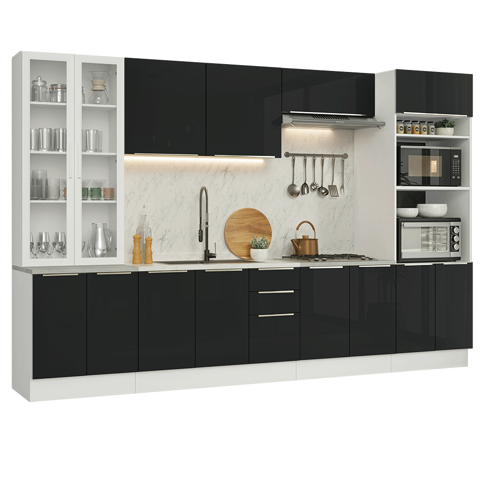 Armário de Cozinha Completa 340 x 60 cm Branco/Preto Lux Madesa 04